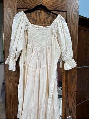 Smocked Square-Neck Midi Dress in Cream - NWOT